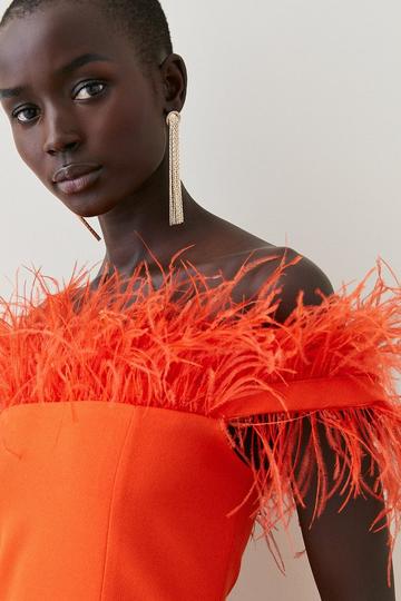 Structured Crepe Feather Bardot Mini Dress orange