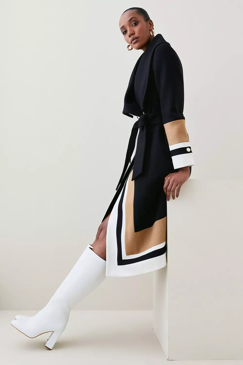 Italian Virgin Wool Colorblock Belted Wrap Coat Karen Millen