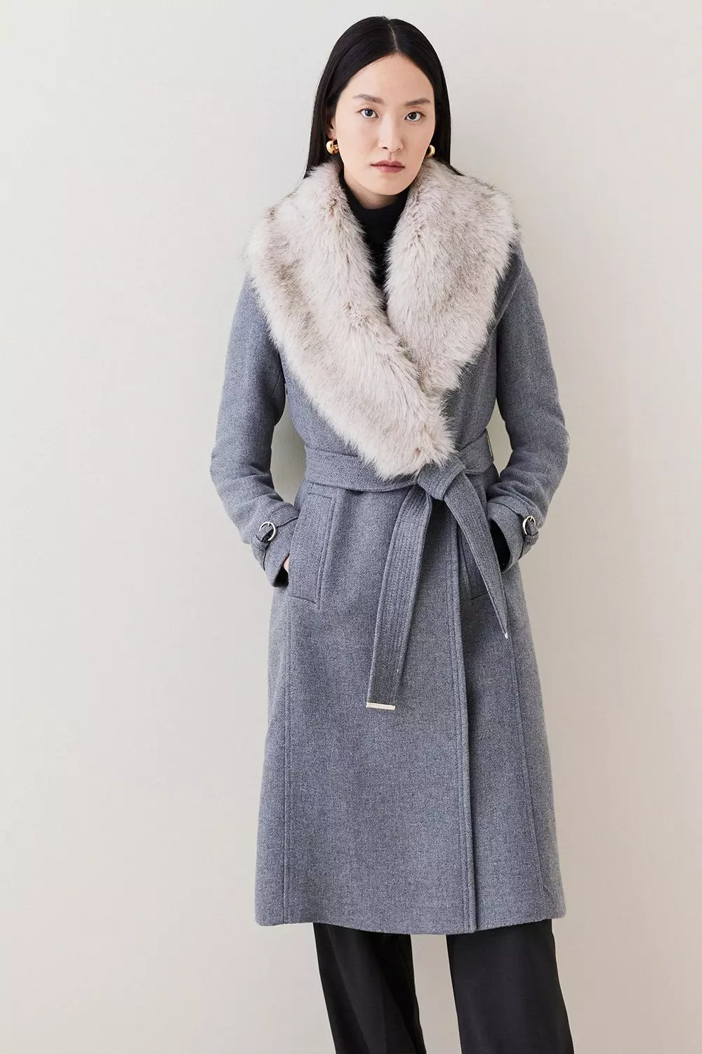 Italian Wool Cashmere Mix Faux Fur Collared Belted Coat | Karen Millen