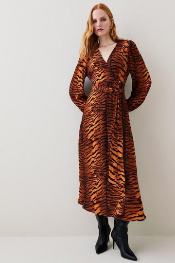 Tiger Printed Woven Midi Wrap Dress animal