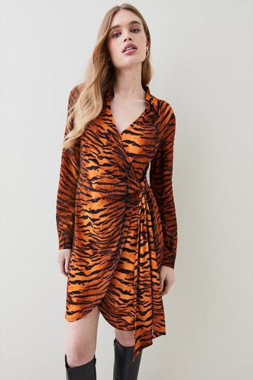 Tiger Printed Woven Mini Wrap Dress animal