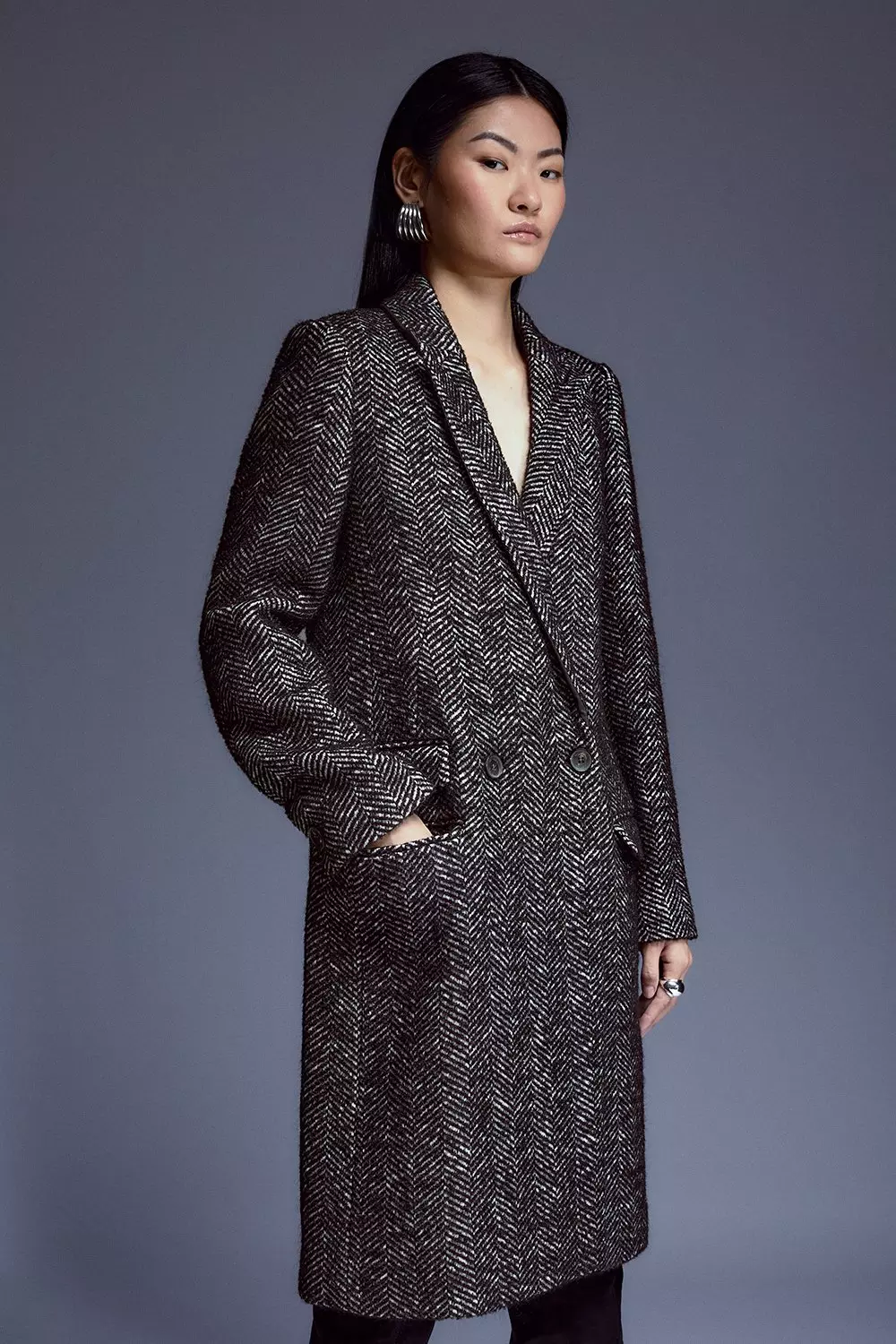 Classic Herringbone Wool Coat with Mock Neckline