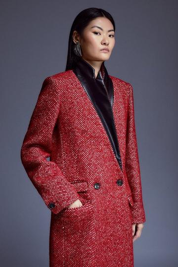 Italian Herringbone Wool Pu Collar Coat red