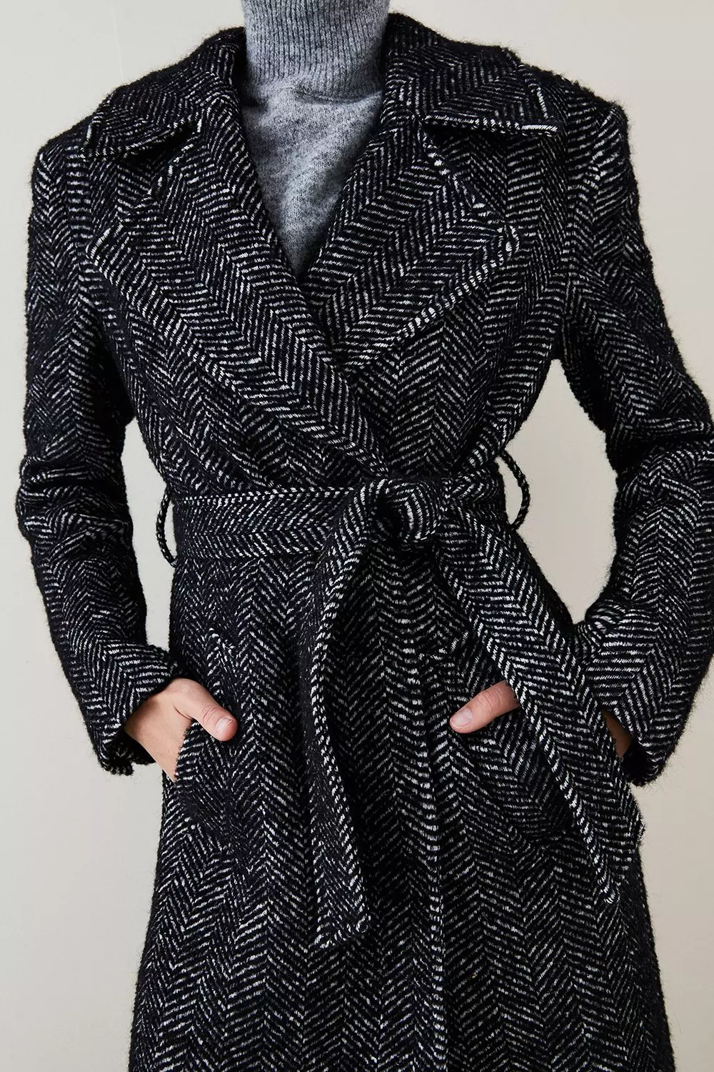 Italian Herringbone Wool Belted Trench Coat | Karen Millen