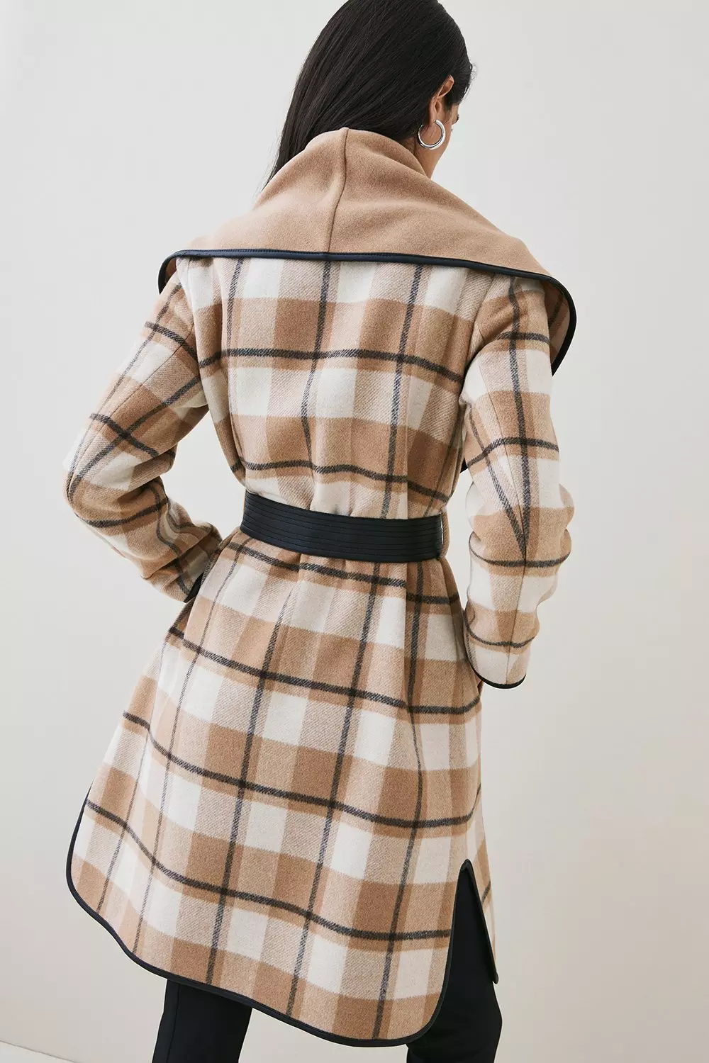 Italian Wool Cashmere Check Belted Waterfall Coat | Karen Millen