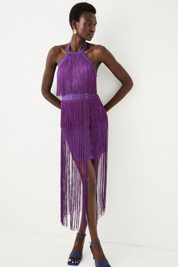 Purple Fringed Ponte Detail Halter Neck Mini Dress