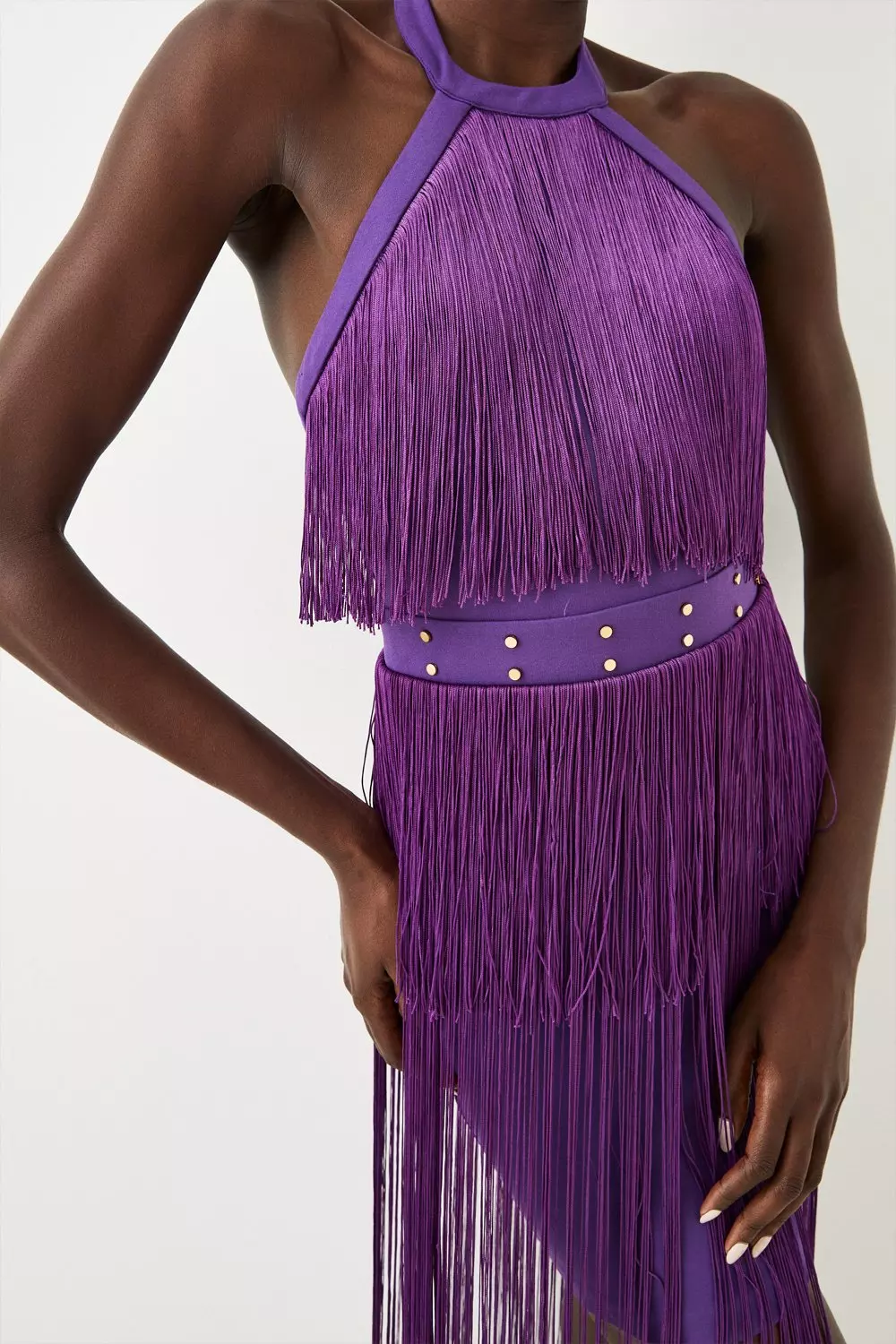 Fringed Ponte Detail Halter Neck Mini Dress