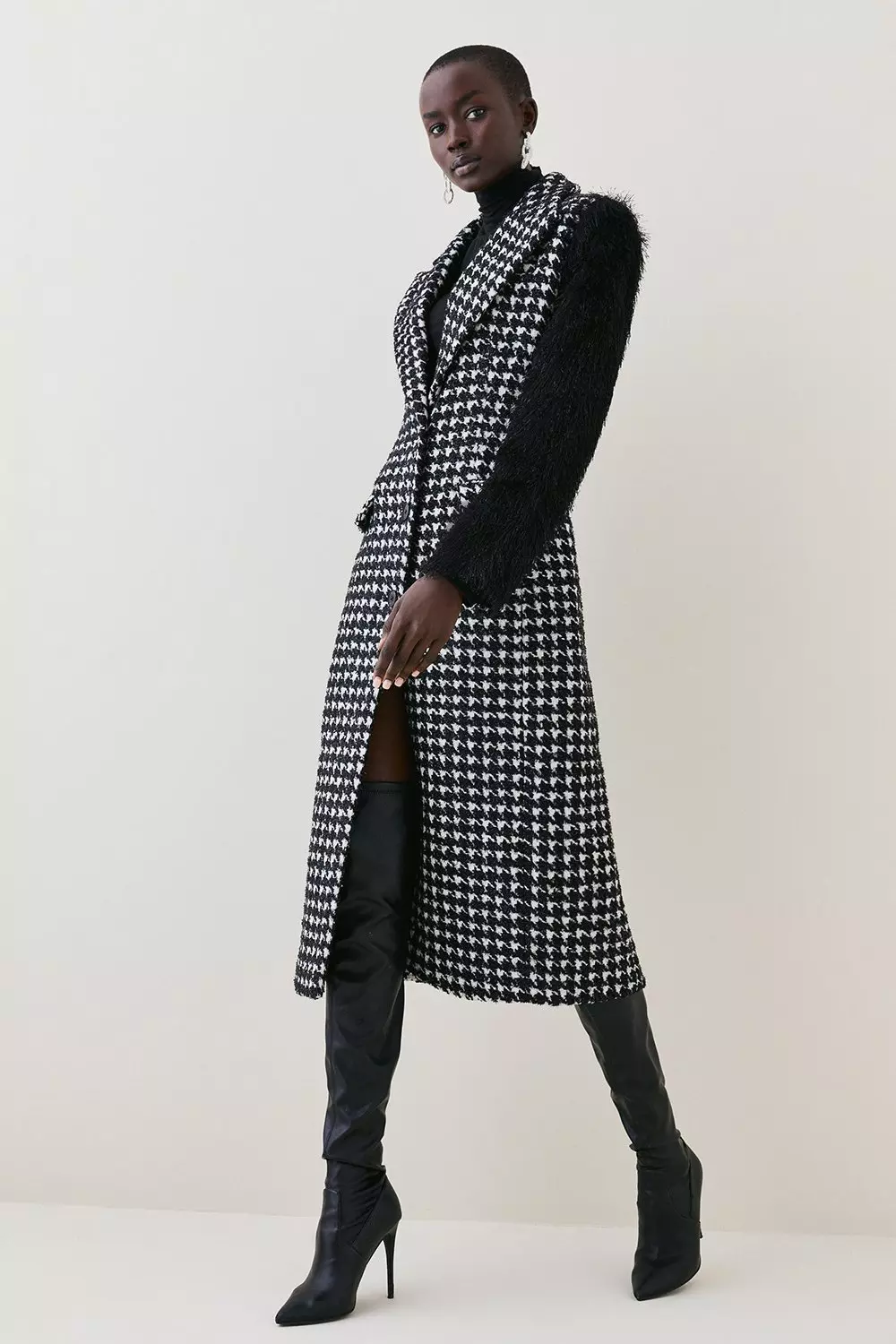 Erradicar paracaídas girasol Dogtooth Tweed & Tassle Sleeve Single Breasted Coat | Karen Millen