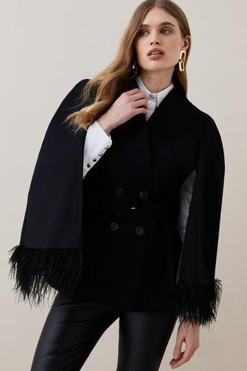Black Italian Virgin Wool Feather Hem Cape Coat