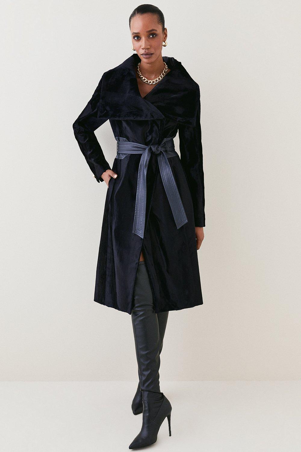 Signature Ponyskin Belted Wrap Coat | Karen Millen