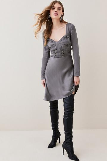 Satin Embellished Long Sleeve Mini Dress charcoal