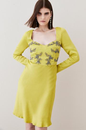 Satin Embellished Long Sleeve Mini Dress chartreuse