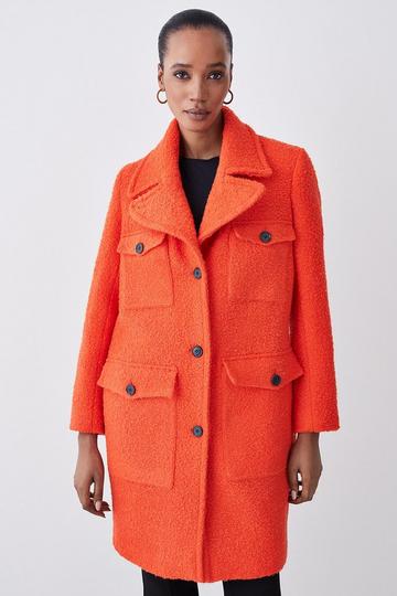 Orange Boucle Pocket Detail Textured Collared Tailored Coat