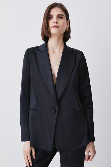 Italian Structured Satin Tailored Single Breasted Jacket black