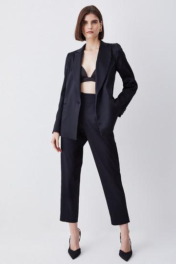 Black Italian Structured Satin Tailored High Waisted Trouser