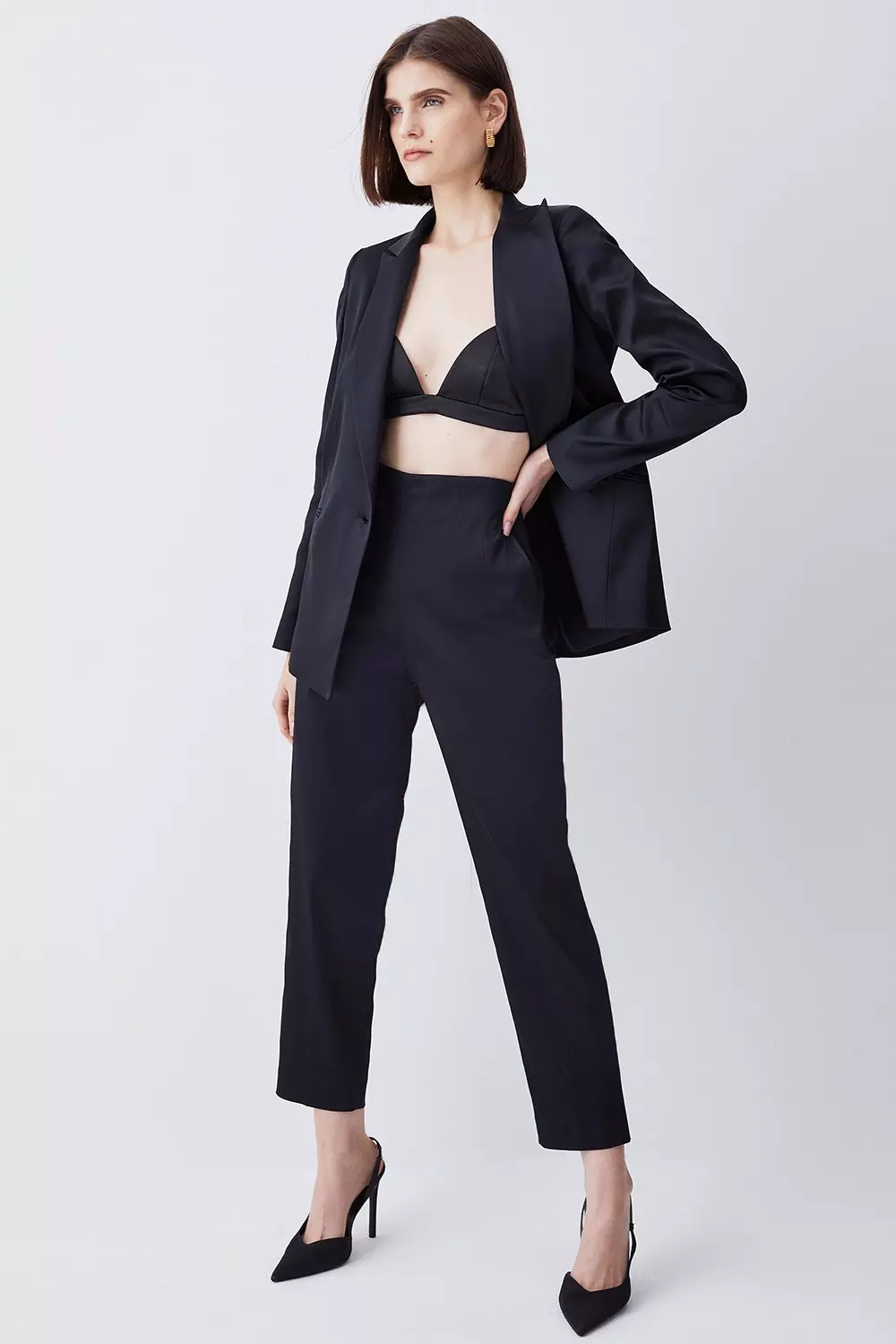 Italian Structured Satin Tailored High Waisted Trousers | Karen Millen