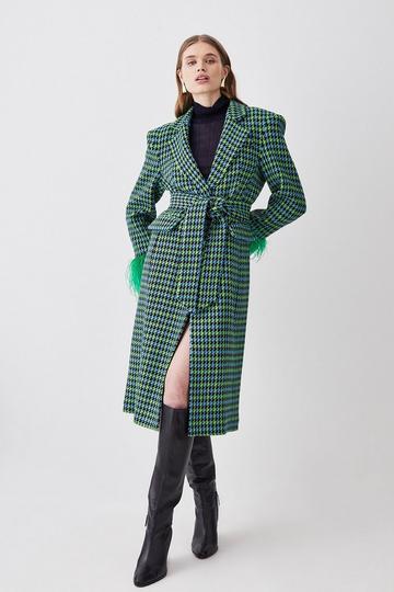 Green Colorpop Tweed Feather Cuff Coat
