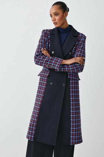 Navy Italian Manteco Wool Colourblock Tweed Coat