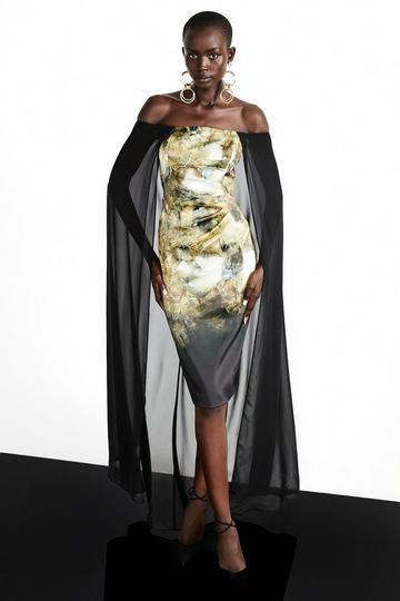 Black Weston Abstract Crystal Print Midi Cape Dress
