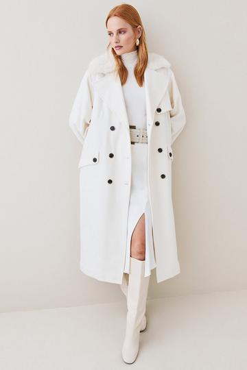 Italian Manteco Wool Cashmere Faux Fur Collar Trench Coat ivory