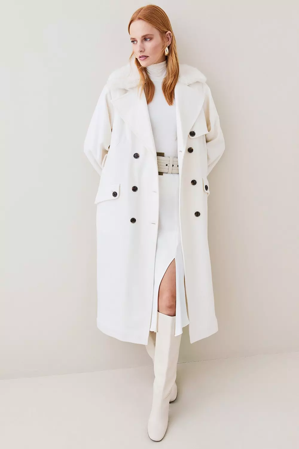 Trench coat with faux fur outlet collar