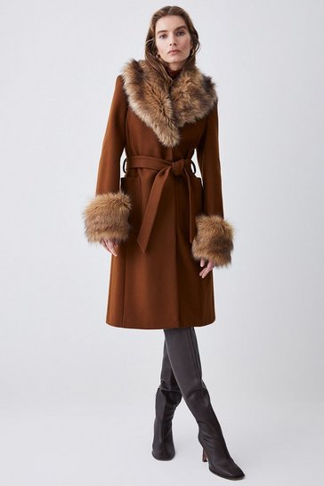 Italian Virgin Wool Faux Fur Belted Coat