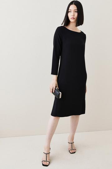 Black Compact Stretch Viscose Sleeved Clean Midi Dress