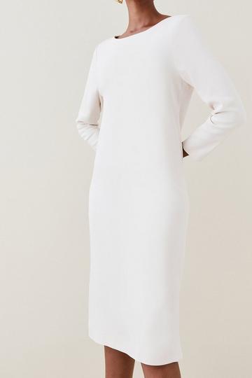 Compact Stretch Viscose Sleeved Clean Tailored Midi Dress nude