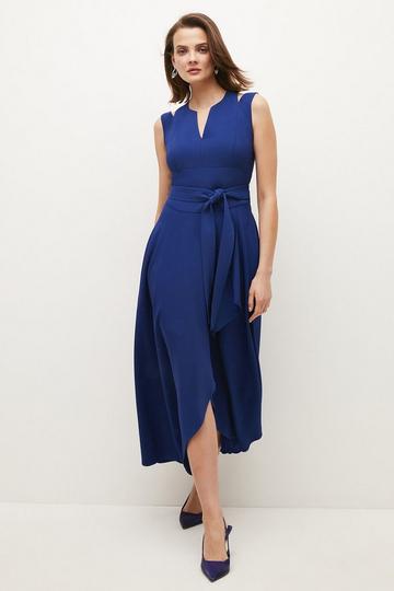 Blue Compact Stretch Viscose Tailored Waterfall Midi Dress