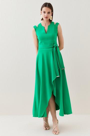 Green Compact Stretch Viscose Tailored Waterfall Midi Dress