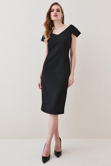 Black Structured Crepe Tailored Cross Detail Midi Dress