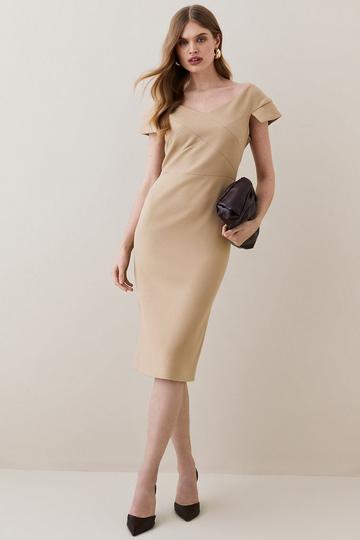 Structured Crepe Tailored Cross Detail Midi Dress camel