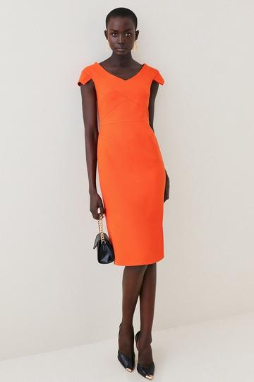 Orange Structured Crepe Tailored Cross Detail Midi Dress