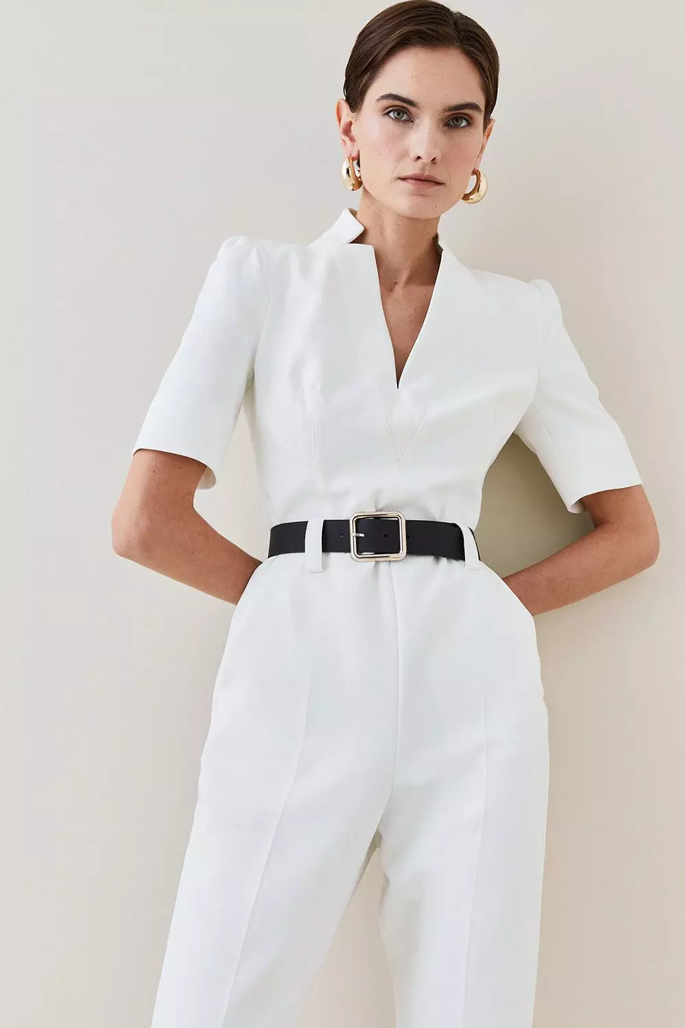 Structured Crepe Forever Belted Jumpsuit | Karen Millen