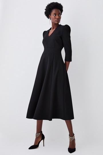 Black Structured Crepe Tailored Full Skirted Midi Dress