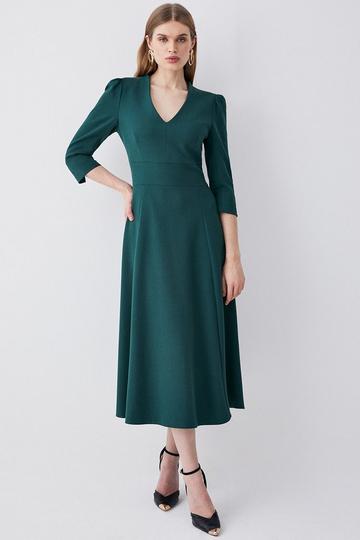 Structured Crepe Tailored Full Skirted Midi Dress forest