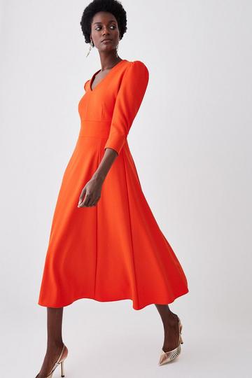 Orange Structured Crepe Tailored Full Skirted Midi Dress