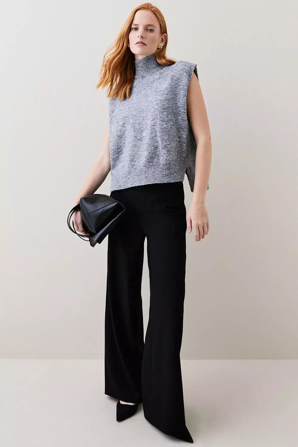 Structured Crepe Tailored High Waist Wide Leg Trouser