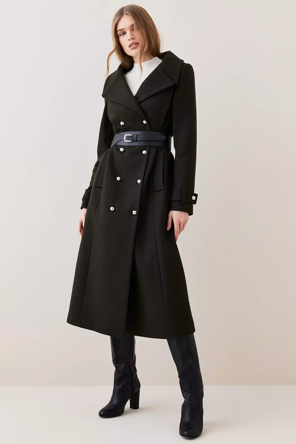 Italian Virgin Wool Belted Military Coat | Karen Millen