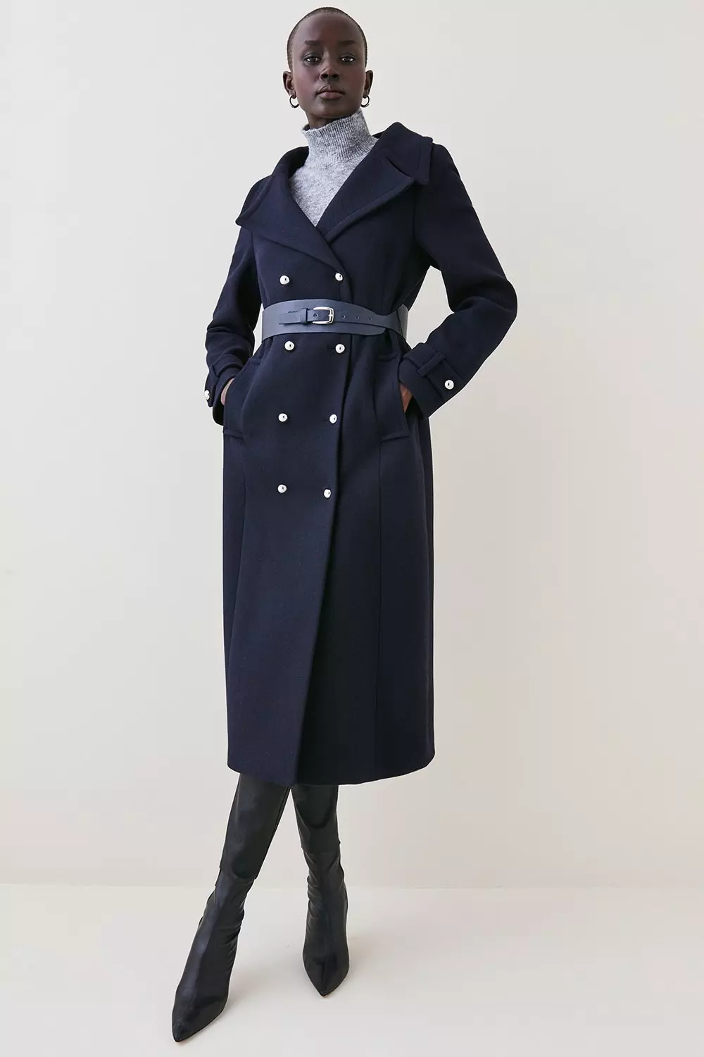 Belted navy cheap wool coat