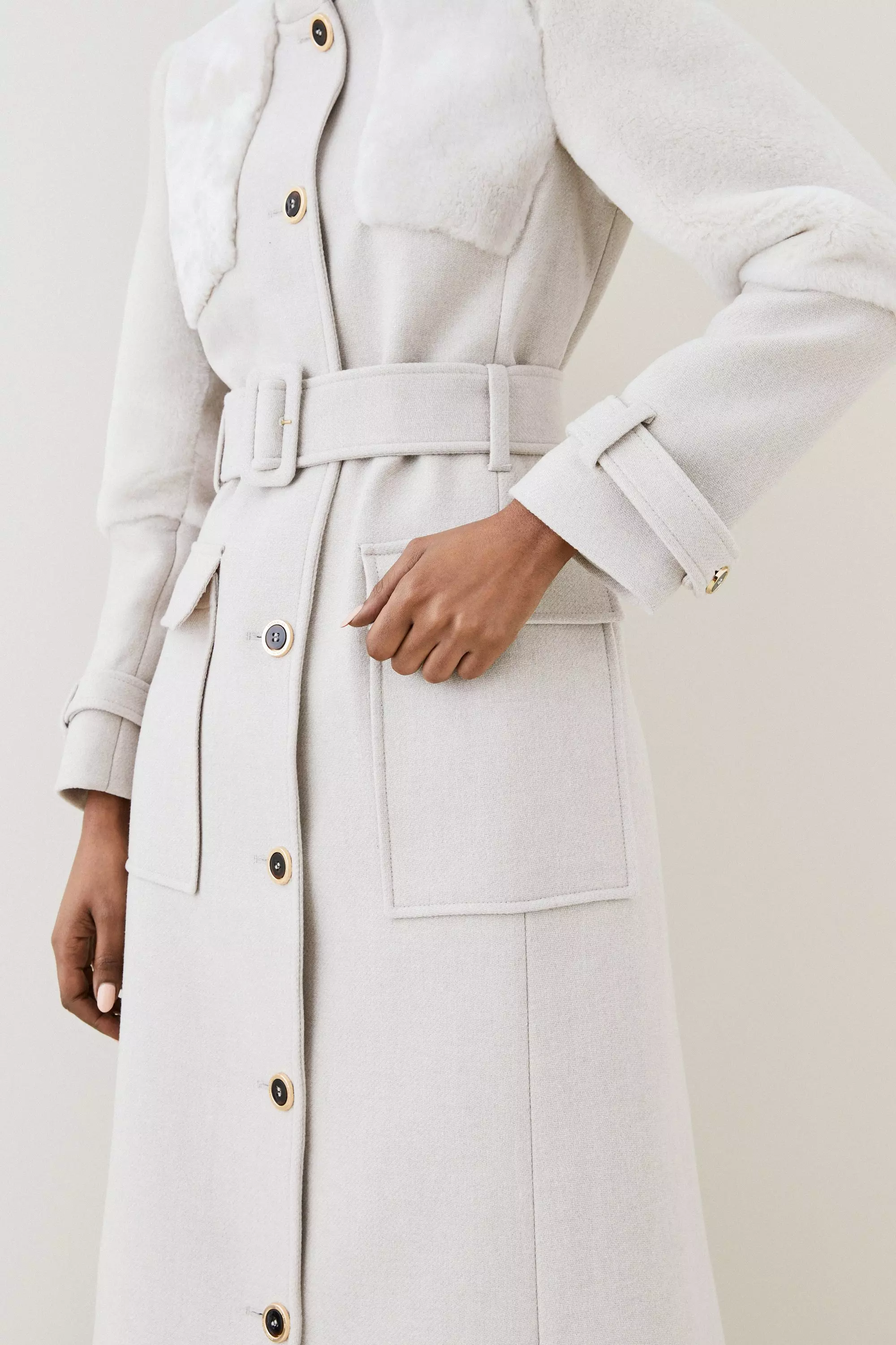 Italian Wool Sheepskin Panelled Belted Coat Karen Millen