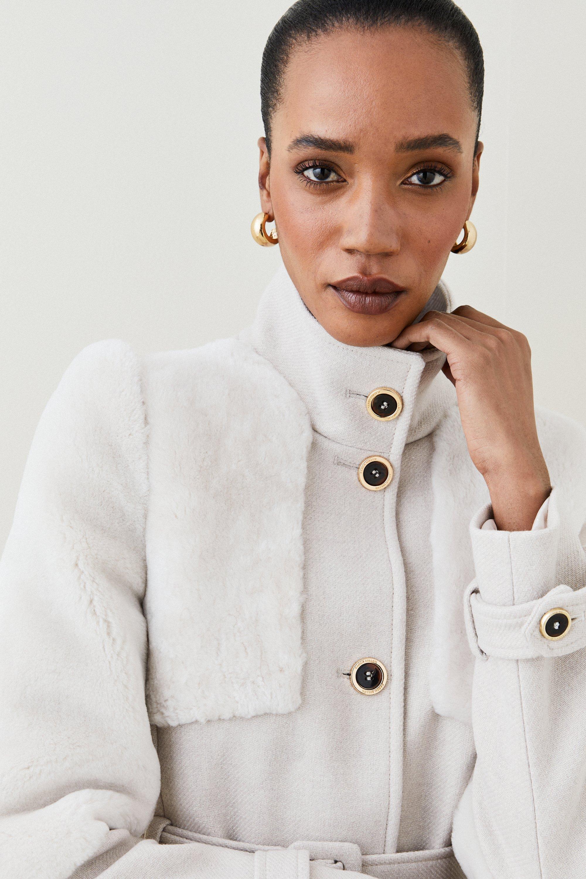 sheepskin panelled belted coat