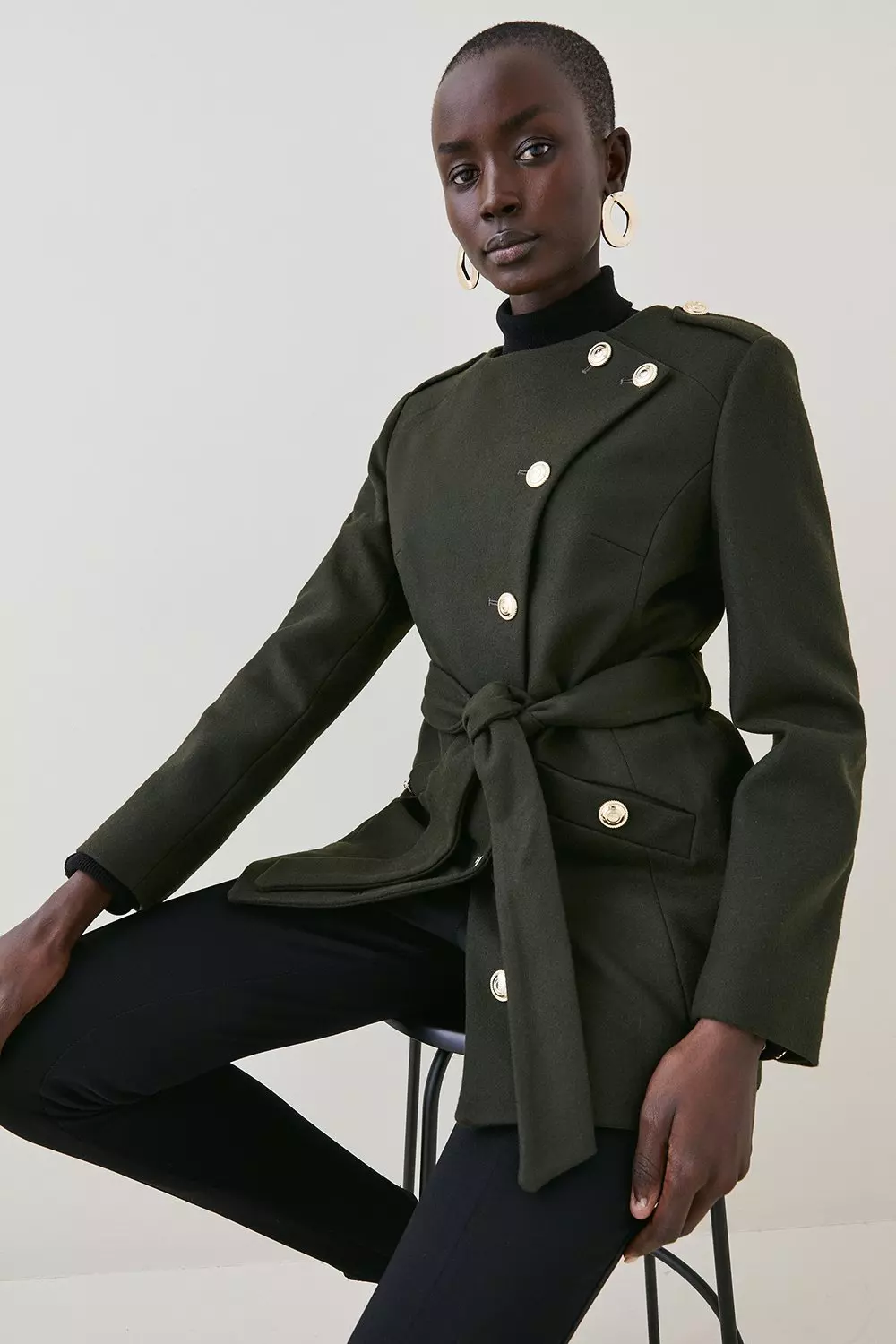 Italian Virgin Wool Military Button Up Coat | Karen Millen