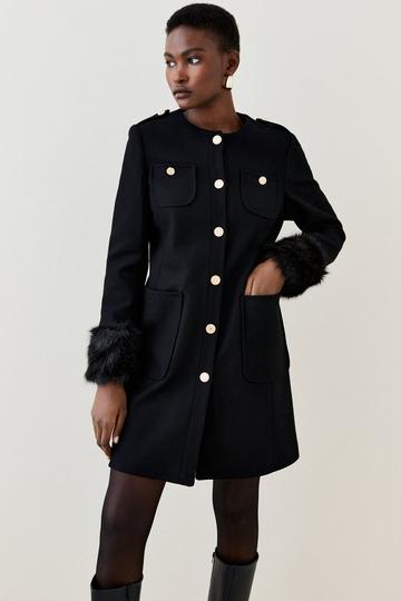 Black Italian Manteco Wool Faux Fur Cuff Midi Coat