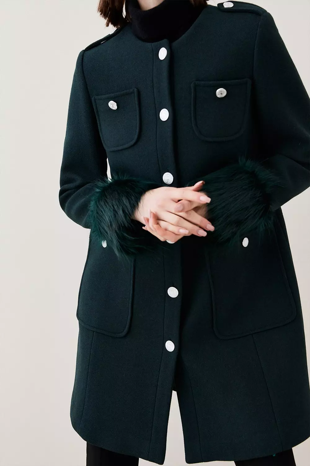 Italian Wool Faux Fur Cuff Midi Coat