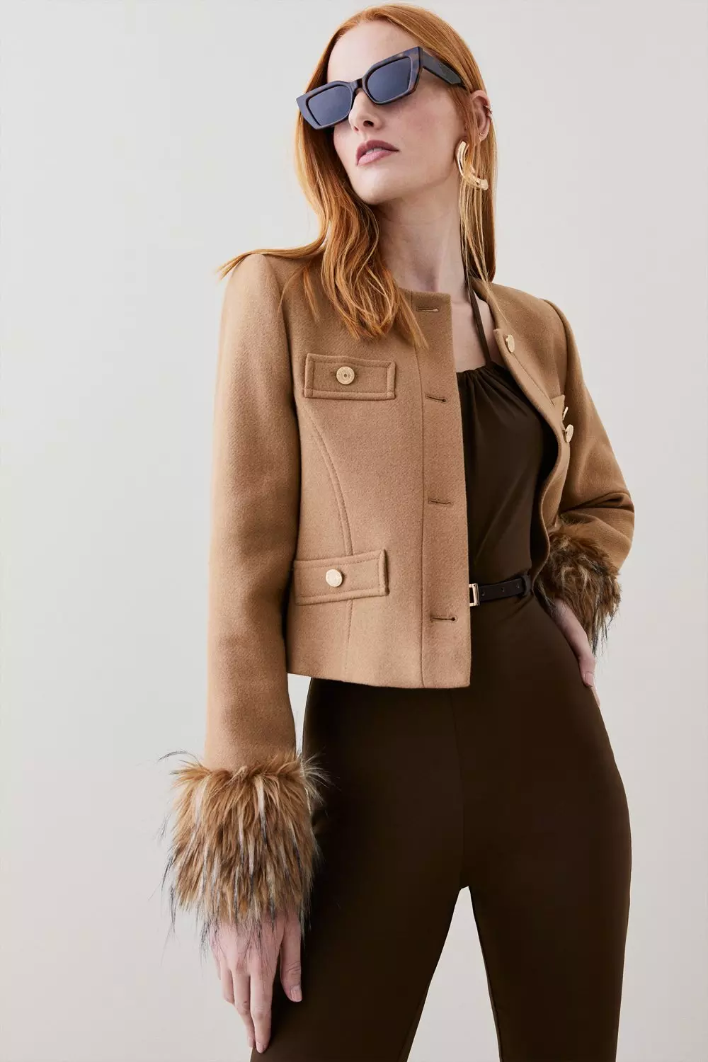 Italian Virgin Wool Faux Fur Cuff Short Coat | Karen Millen