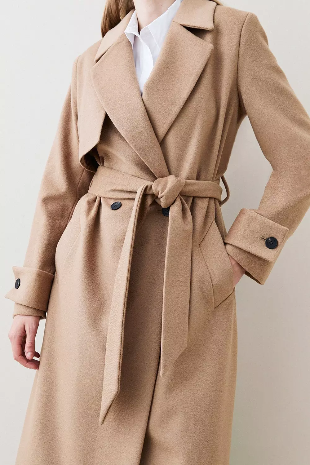 Petite Italian Luxurious Textured Wool Luxe Belted Trench Coat