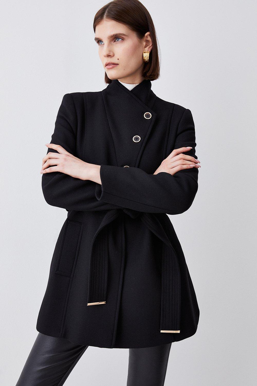 Short Olive Belted Wrap Wool Coat