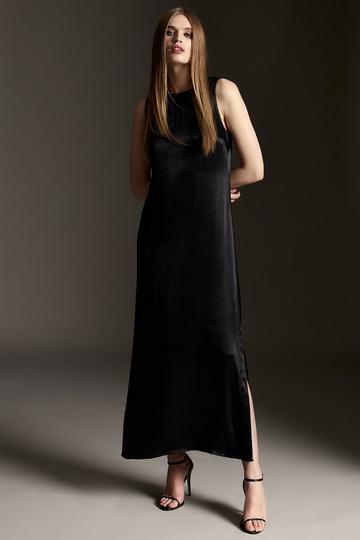 Black Viscose Satin Column Midi Dress