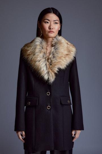 Black Italian Manteco Wool Mix Faux Fur Collar Short Coat